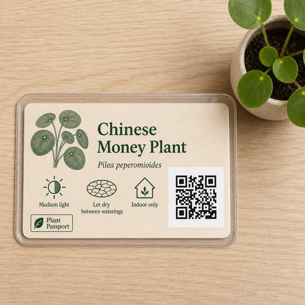 The free badge card with its care signals and QR.