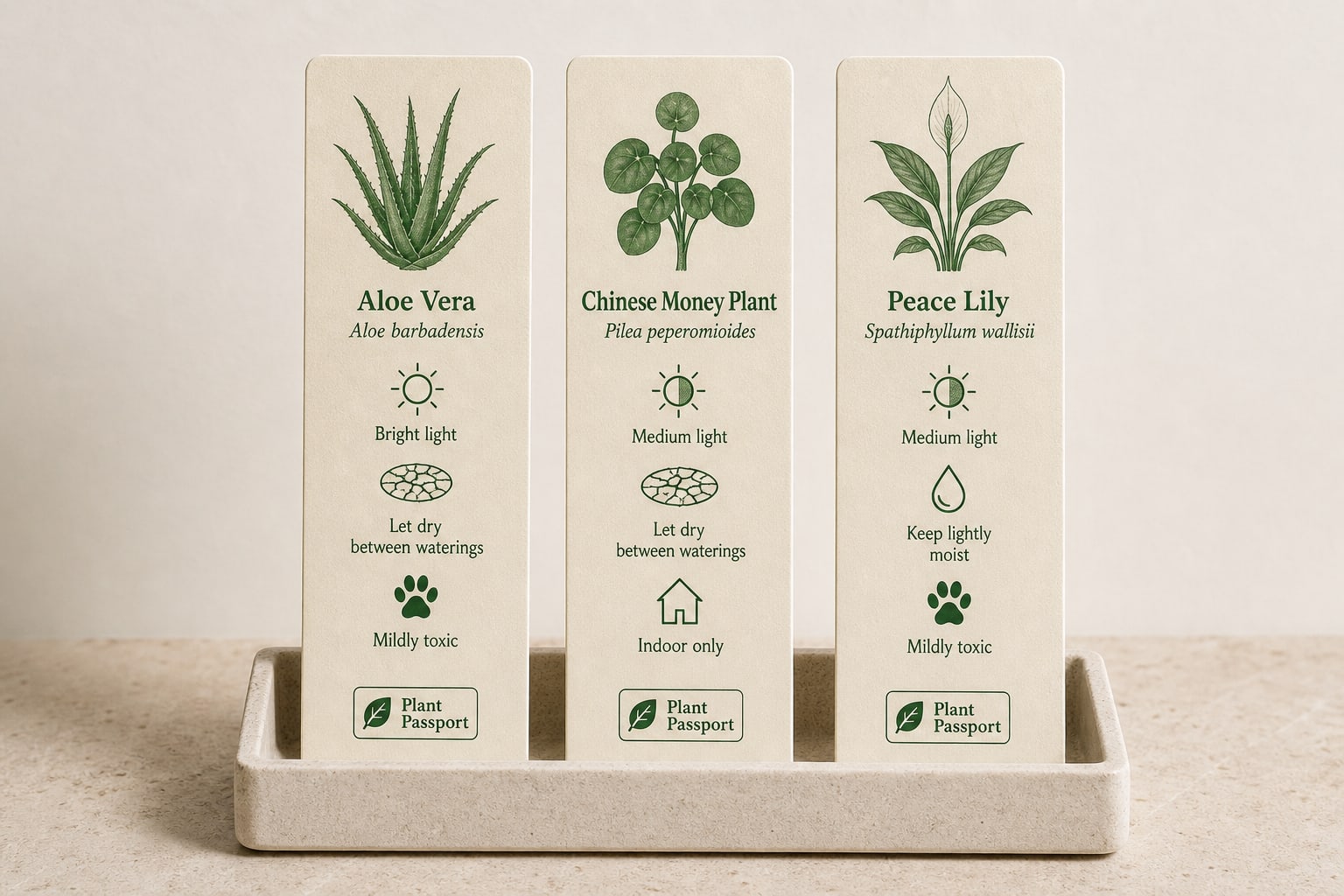 Three plant passport stake cards side by side, showing bright versus medium light, dry-between versus lightly-moist soil, and toxicity only where it applies.