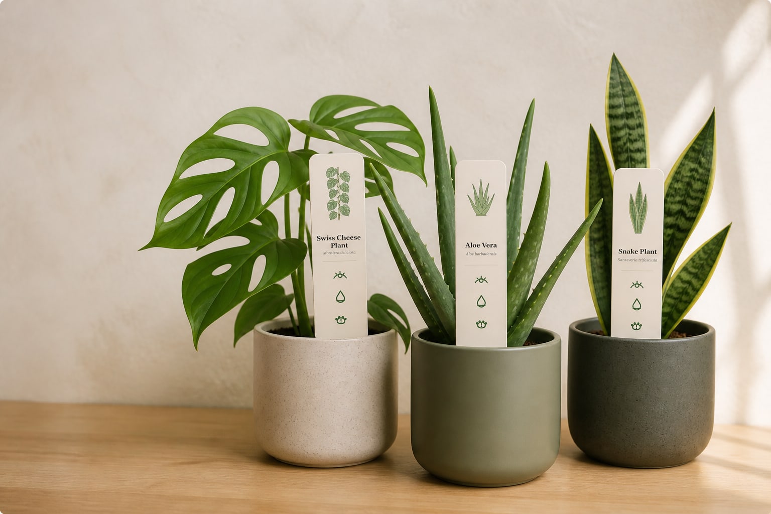 Three potted plants, each with its stake card.