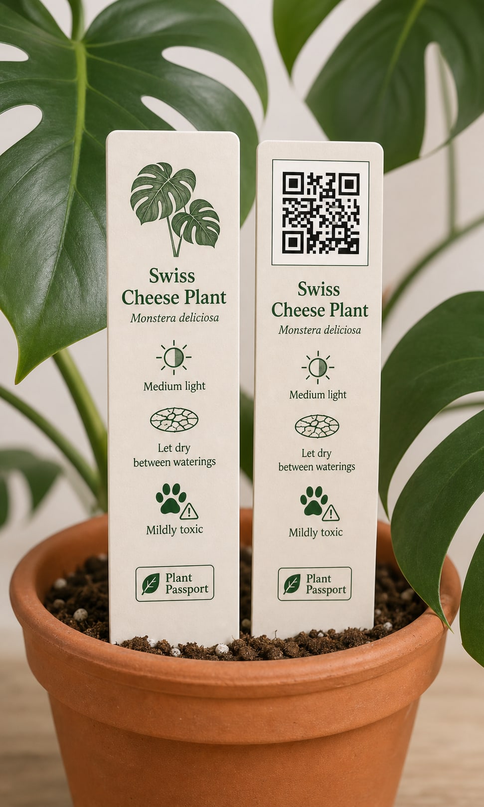 Voorbeeld van de Plant Passport-kaart voor Monstera